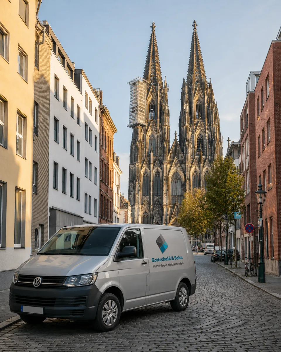 Firmentransporter von Fliesen Gottschald Meisterbetrieb vor dem Kölner Dom